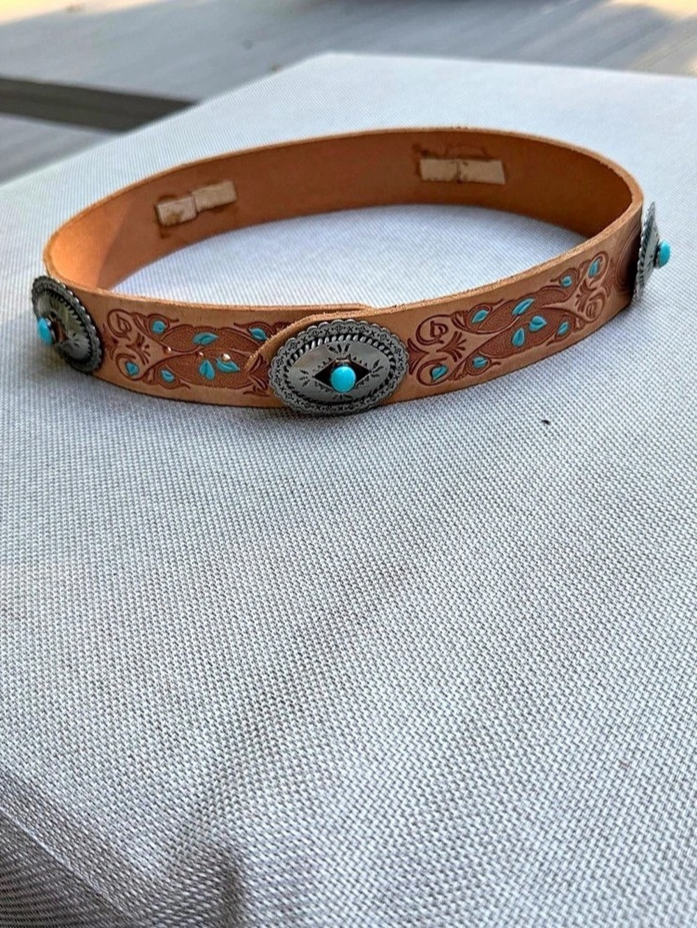 Tooled Leather Turquoise Concho Belt